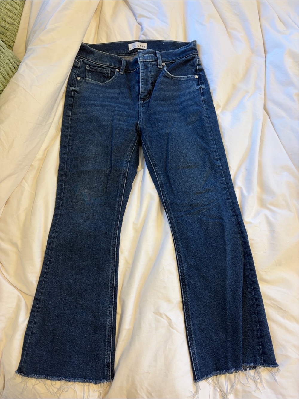 LOFT Dark Blue Flared Jeans with Raw Hem